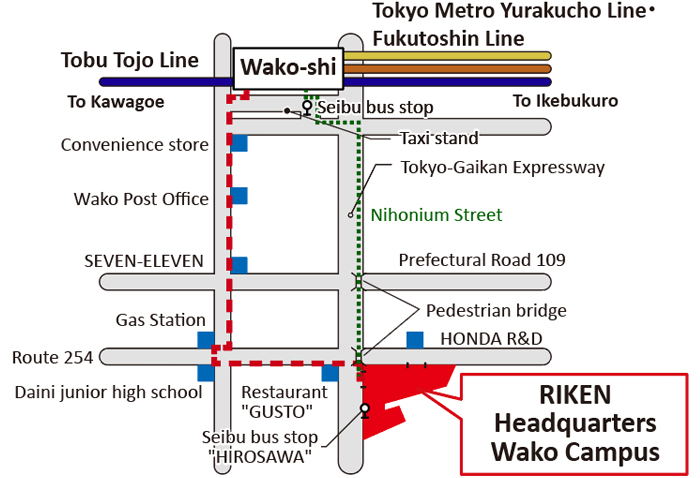 Map showing direction from Wako-shi Station to RIKEN
